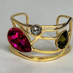 Swarovski Signed Swan Logo Wide Crystal Jeweled Gold-Tone Cuff Bracelet